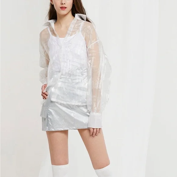 Storets Audrey plaid organza sheer collared shirt button up oversized - Picture 2 of 10